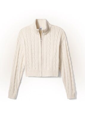 CAbi Eastwood Cable Knit Size S Cream Cardigan Zip Front Crop Sweater Fisherman